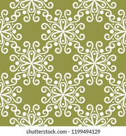 White floral ornament on olive green background. Seamless pattern for textile and wallpapers