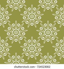 White floral ornament on olive green background. Seamless pattern for textile and wallpapers