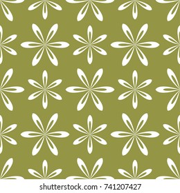 White floral ornament on olive green background. Seamless pattern for textile and wallpapers