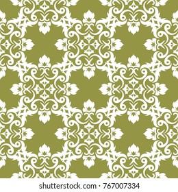 White floral ornament on olive green background. Seamless pattern for textile and wallpapers