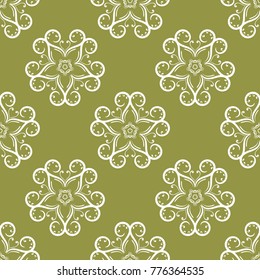 White floral ornament on olive green background. Seamless pattern for textile and wallpapers