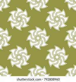 White floral ornament on olive green background. Seamless pattern for textile and wallpapers