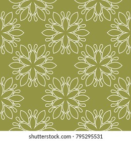 White floral ornament on olive green background. Seamless pattern for textile and wallpapers