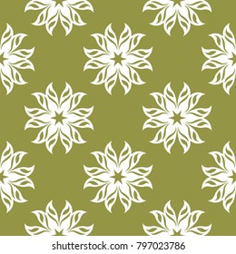 White floral ornament on olive green background. Seamless pattern for textile and wallpapers