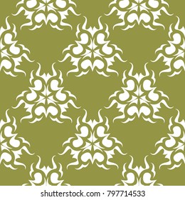 White floral ornament on olive green background. Seamless pattern for textile and wallpapers