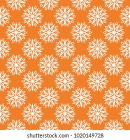 White floral ornament on orange background. Seamless pattern for textile and wallpapers