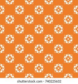 White floral ornament on orange background. Seamless pattern for textile and wallpapers