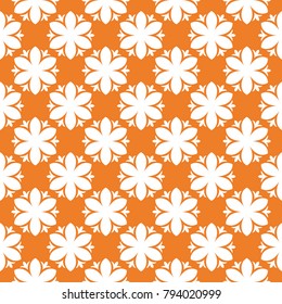 White floral ornament on orange background. Seamless pattern for textile and wallpapers