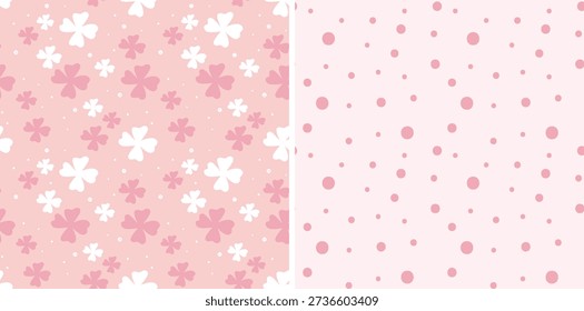 White floral ornament seamless pattern on pink background. Pink polka dots on pink background.