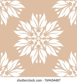 White floral ornamental design on beige background. Seamless pattern for textile and wallpapers
