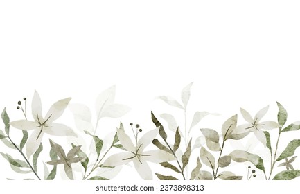 White floral with pale green and grey leaves background in watercolor style