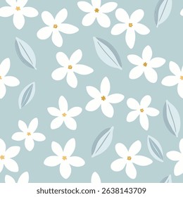 White floral pattern with blue leaves on light blue background seamless pattern for fabric, textiles, clothing, wallpaper, cover, banner, home decor, florals backgrounds