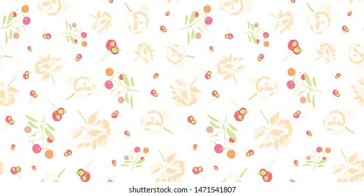 White floral pattern with cream floral, green twig and black bud. Surface pattern design.