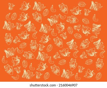 white floral pattern doodle with exotic african tulip tree flowers and buds and leaves on orange background
