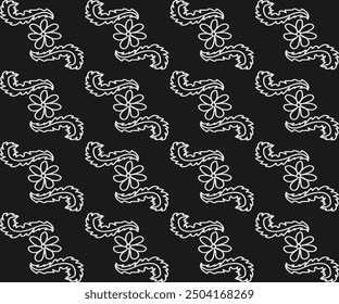 White floral pattern in doodle style on black background