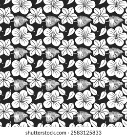 White Floral Pattern with Leaves, Cute Small Flowers on Seamless Background