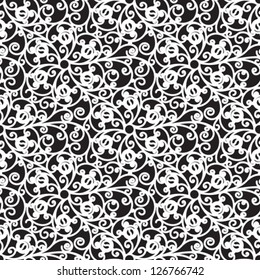White floral pattern on black, seamless lace texture, vector decorative background