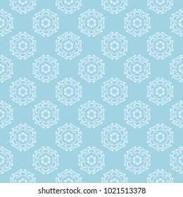 White floral pattern on blue background. Seamless ornament for textile and wallpapers