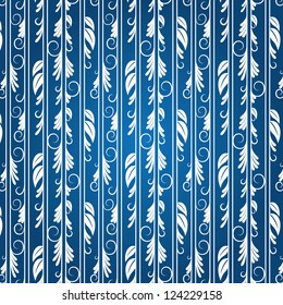White floral pattern on a blue background with lines (seamless texture). Curves lines, leaves.
