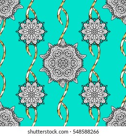 White floral pattern on blue and green background with golden element. Vector illustration.