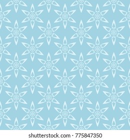 White floral pattern on blue background. Seamless ornament for textile and wallpapers