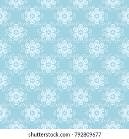 White floral pattern on blue background. Seamless ornament for textile and wallpapers