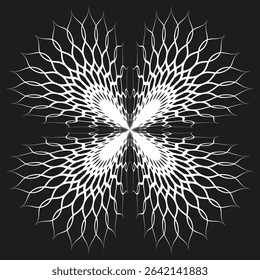 White floral pattern. Petal symmetry shape. Radial burst effect. Vector abstract form.
