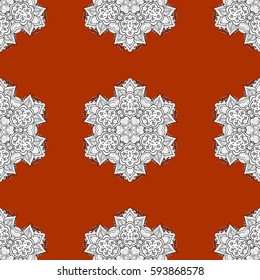 White with floral pattern. Vector white floral ornament brocade textile and glass pattern. Seamless pattern. Brown background with white elements.