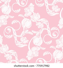 White floral patterns on pink background