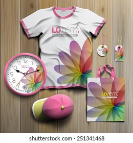 White floral promotional souvenirs design for corporate identity with color shapes. Stationery set