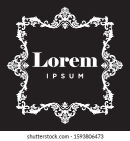 white floral scrolls on the black background, vector frame