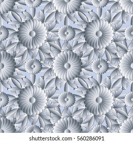 White floral seamless pattern background wallpaper illustration with 3d white  flowers, leaves, vintage decorative  flowery ornaments. Abstract surface vector endless luxury  fabric  texture. 