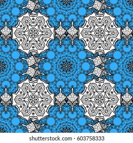 White floral seamless pattern. White element on a blue background. Damask background. Gray floral ornament in baroque style.