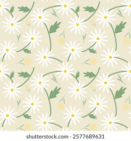 white floral seamless pattern, white flower with yellow accents and green leaves on yellow background, flower repeatable pattern for wallpaper, prints, textiles, or wrapping paper