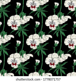 Patrón blanco floral sin costuras con flores de color pansy dibujadas a mano sobre fondo negro. Ilustración vectorial de material.