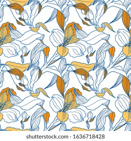 White floral seamless pattern with high detalised alstroemeria buds and flowers for botanical natural print