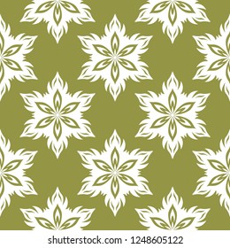 White floral seamless pattern on olive green background