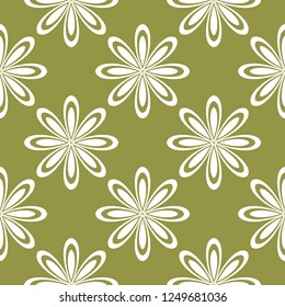 White floral seamless pattern on olive green background