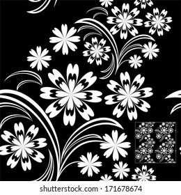 White floral seamless Pattern on black. 