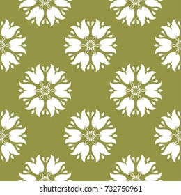 White floral seamless pattern on olive green background