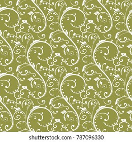 White floral seamless pattern on olive green background