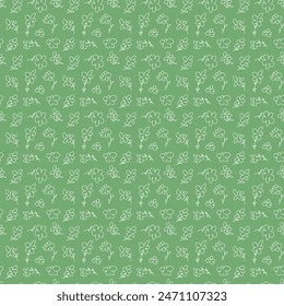 White floral seamless pattern with tiny leaves. Cute small flowers seamless pattern. Decorative print for wallpaper, wrapping, pajama, linen, background fabric, texture, textile, fashion fabric