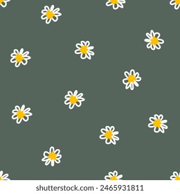 White floral seamless patterns daisy flowers on meadows hand-drawn green background vector illustrations. Cute summer wallpaper. Trendy textures design for paper, cover, fabric, print, and backdrop