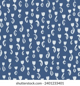 White floral silhouette pattern on a blue background, hand drawn small tulips, flat, all-over composition. For textile, wallpaper, packaging, DIY projects.