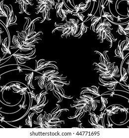 White floral sketch on a black background