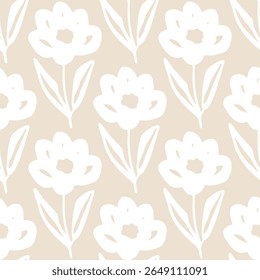 White floral sketch pattern on beige background seamless pattern for fabric, textiles, clothing, wallpaper, cover, banner, home decor, florals backgrounds
