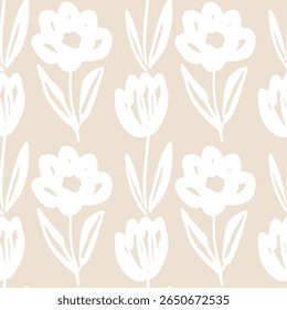 White floral sketch pattern on beige background seamless pattern for fabric, textiles, clothing, wallpaper, cover, banner, home decor, florals backgrounds