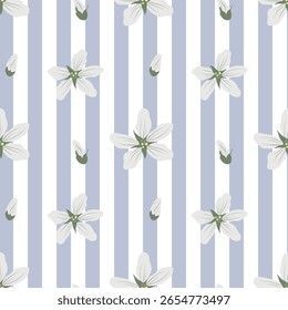Patrón inconsútil de la raya floral blanca, repetición botánica rayada azul de la flor, floral elegante en líneas azules