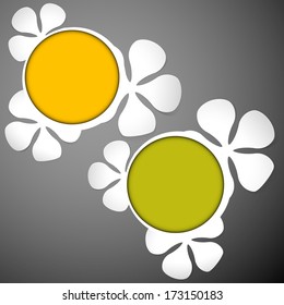 white floral theme plastic round frame with yellow and green on the dark background with place for text designed for spring