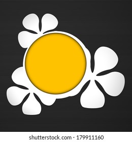 White floral theme plastic round frame with yellow on the dark background with place for text designed for spring. Vector illustration.